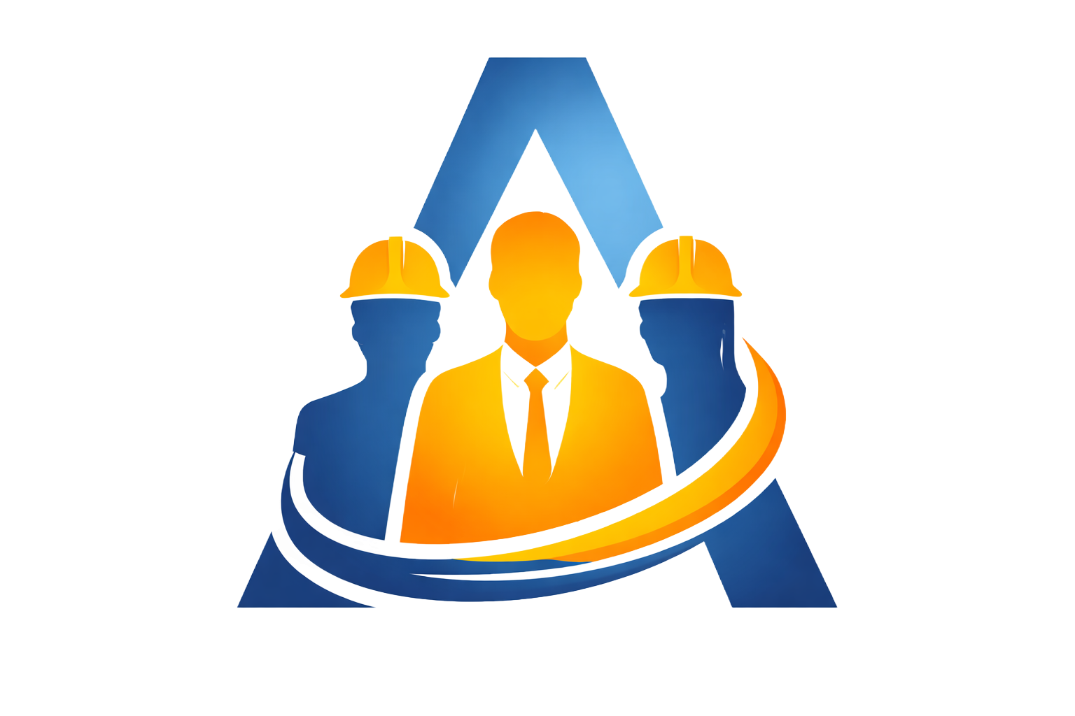 Personaldienstleister Logo mit einem großen blauen „A“, drei Silhouetten von Personen (eine davon in der Mitte trägt eine Krawatte) und einem goldenen Wirbel.