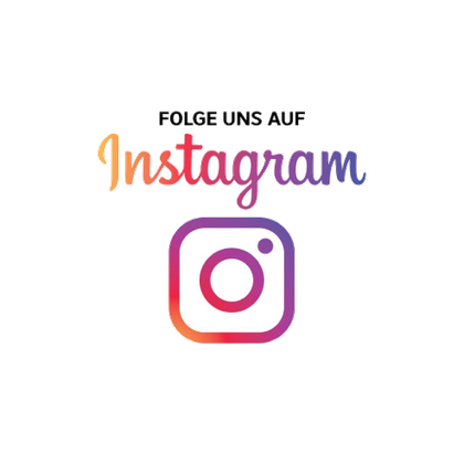 Instagram-Logo mit Text „Folge uns auf Instagram“ in Schwarz und Farbverlauf in Orange, Pink und Lila