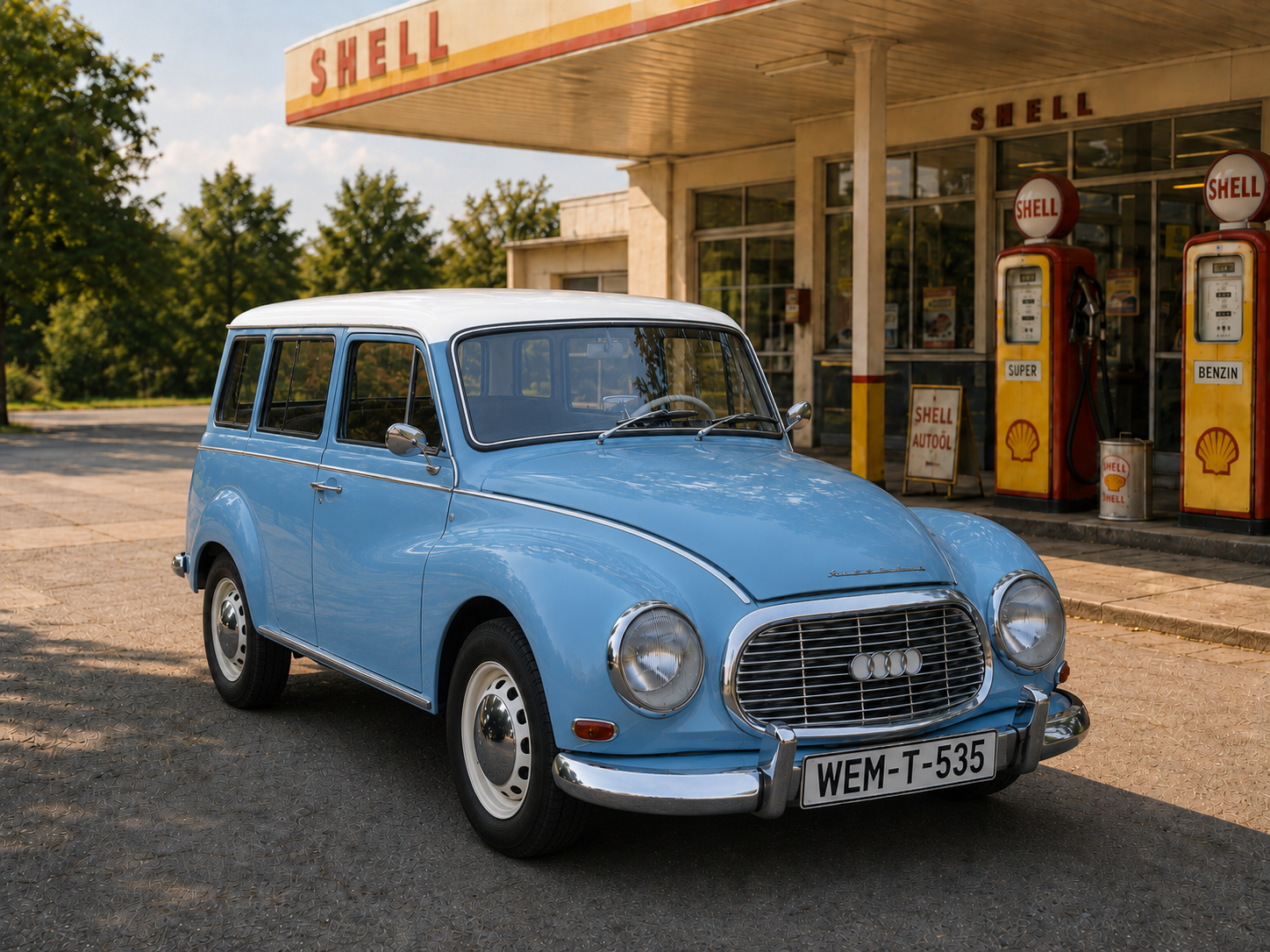 Autounion Universal in hellblau vor einer Tankstelle im 60er Jahre-Stil, erstellt mit Ki nach Idee von Rolf Barkhorn