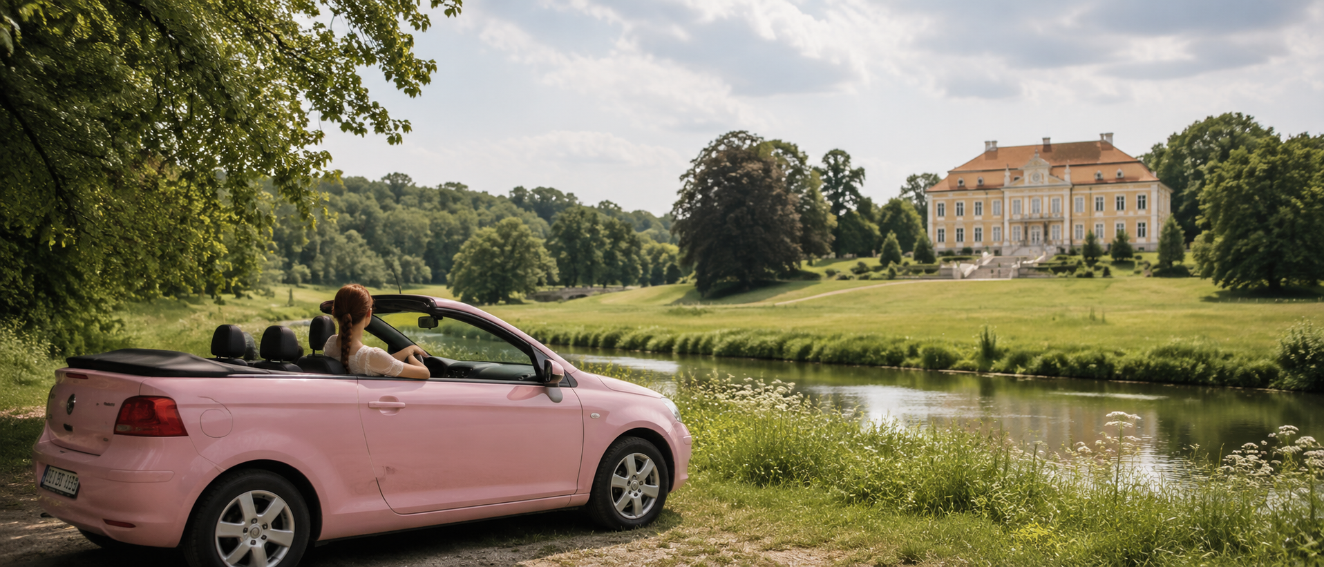 Eine Frau sitzt in einem rosa Cabrio und schaut über den Fluss auf ein Gutshaus, erstellt mit KI nach Idee von Rolf Barkhorn
