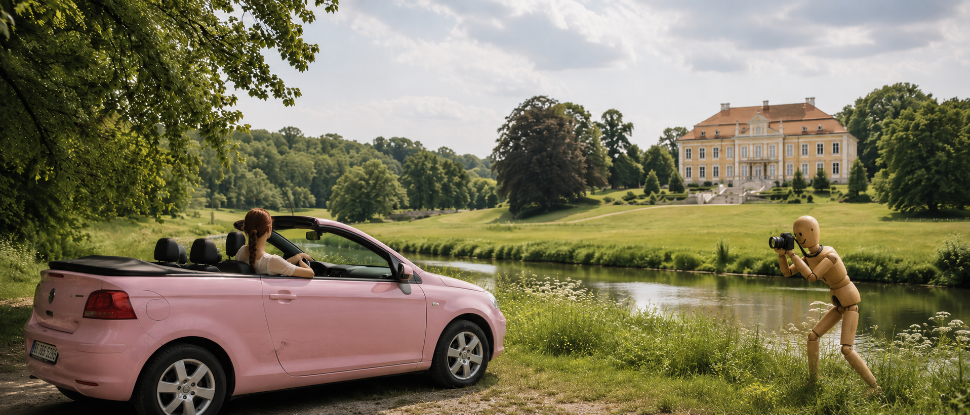 Eine Frau im rosa Cabrio wird von einer Holzpuppe mit Abstand fotografiert, erstellt mit KI nach Idee von Rolf Barkhorn