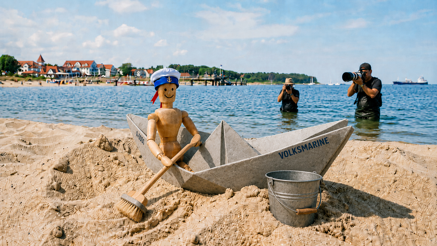 Holzpuppe mit Matrosenmütze paddelt mit Betonboot im Sand und wird fotografiert, erstellt mit KI nach Idee von Rolf Barkhorn