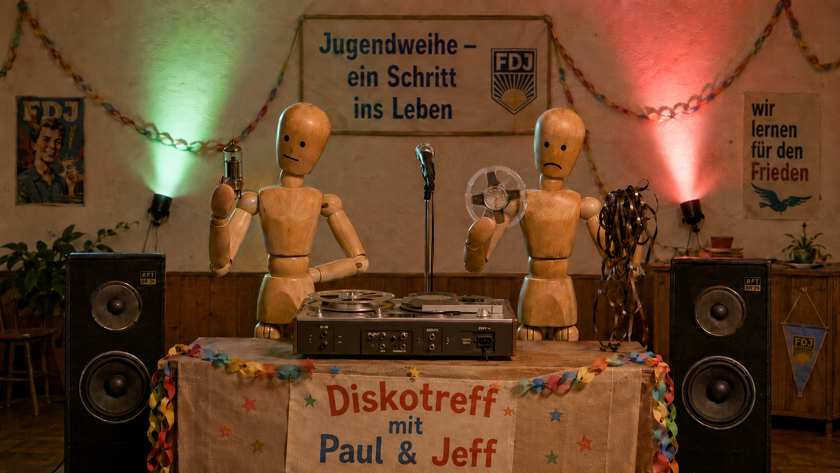 Zwei Holzpuppen als Diskjockeys in einem DDR-Jugendtreff, erstellt mit Ki nach Idee von Rolf Barkhorn