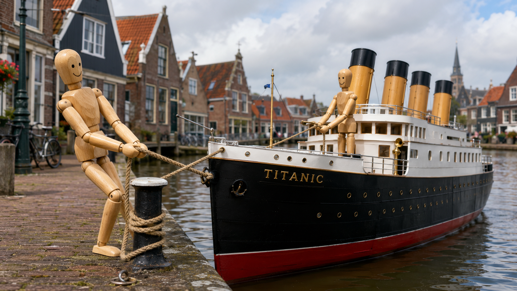 Zwei Holzpuppen als Matrosen auf der Titanic versuchen abzulegen, erstellt mit Ki nach Idee von Rolf Barkhorn