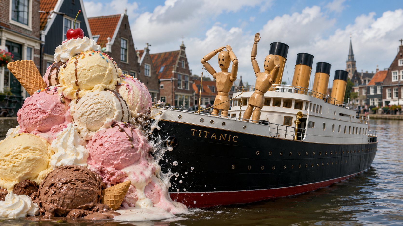 Zwei Holzpuppen rammen als Crew der Titanic einen Eisberg (Berg aus Speiseeis), erstellt mit Ki nach Idee von Rolf Barkhorn