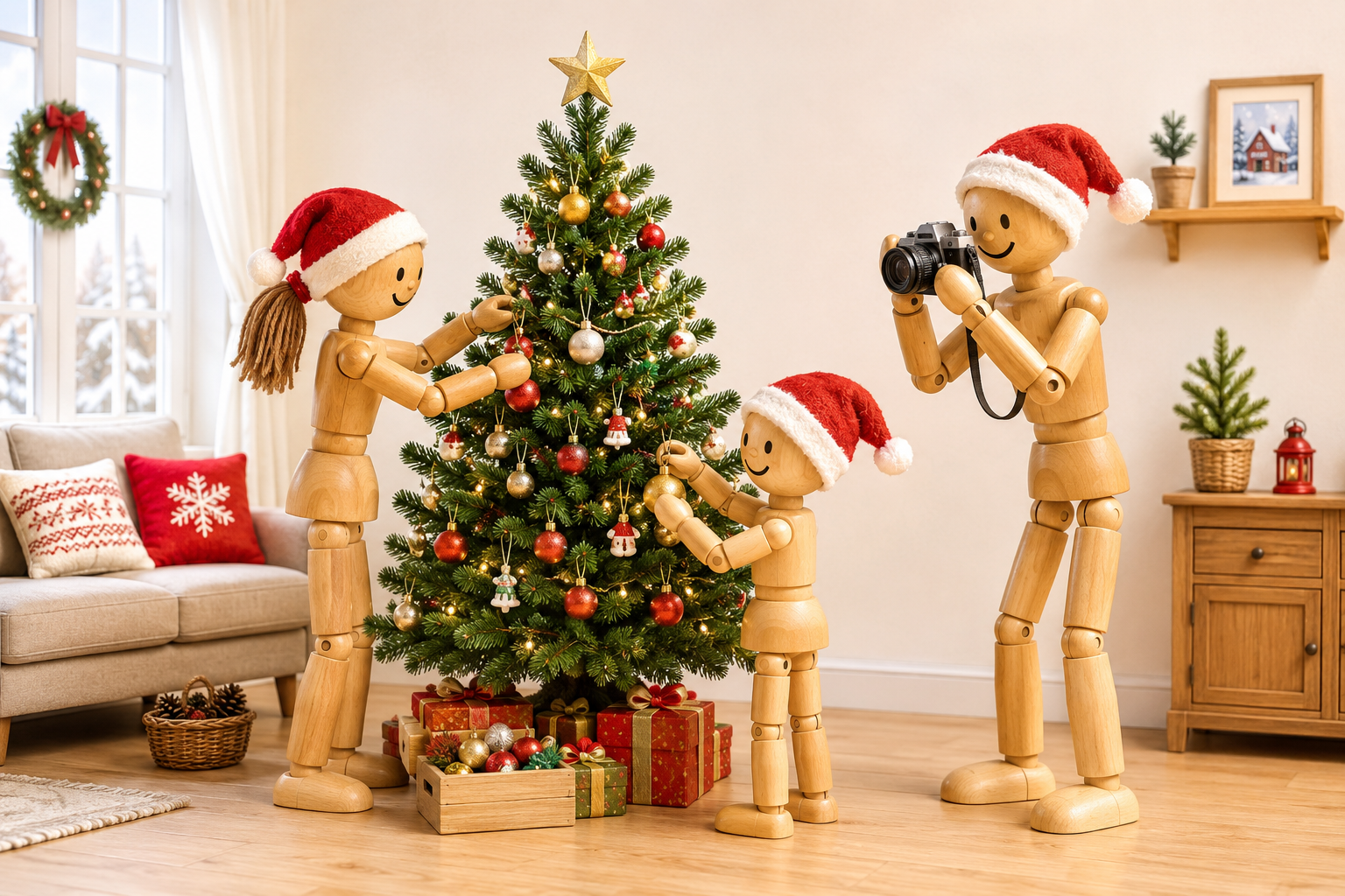 Eine Holzpuppen-Familie schmückt den Weihnachtsbaum, erstellt mit KI nach Idee von Rolf Barkhorn