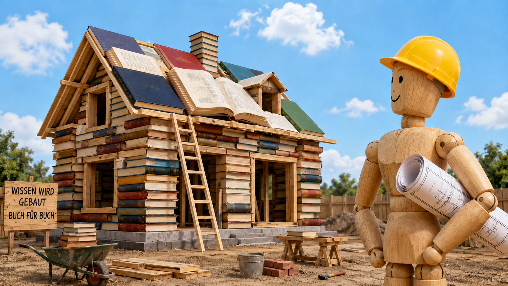 Eine Holzpuppe mit Bauhelm vor einem Haus, das aus Büchern entsteht, erstellt mit Ki nach Idee von Rolf Barkhorn