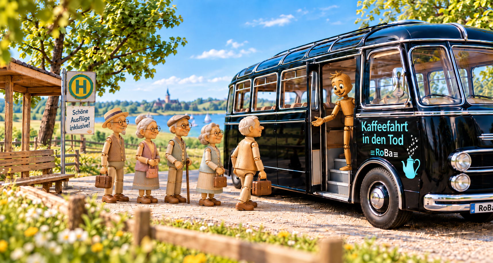 Senioren, dargestellt als Holzpuppen steigen in einen Bus-Oldtimer