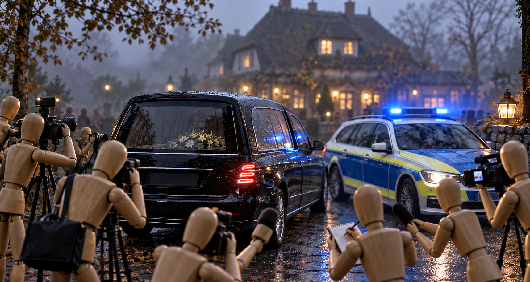 Ein Polizeiwagen und ein Leichenwagen vor einer in Nebel eingetauchter Landgasthofkulisse - dazu eine Gruppe hölzerner Puppen als Presseleute.