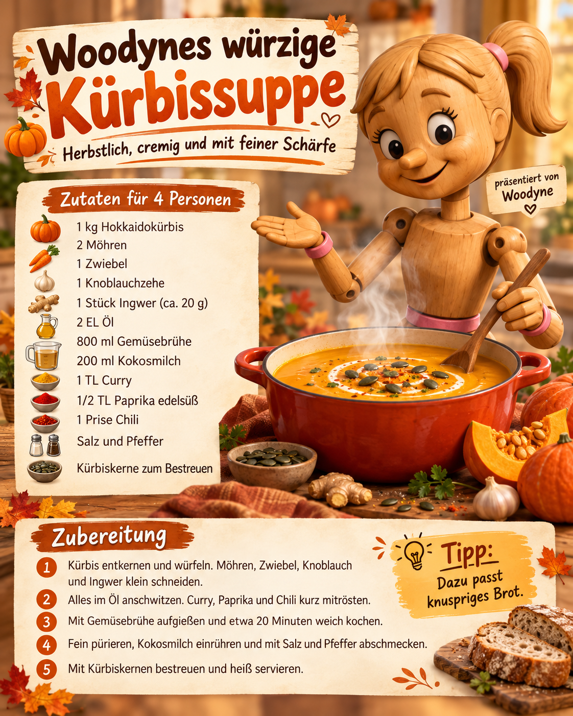 Woodyne, eine fröhlich lächelnde Holzpuppe mit blondem Pferdeschwanz, rührt in einem großen roten Topf mit dampfender, cremiger Kürbissuppe. Im Vordergrund liegen Kürbisstücke, Kürbiskerne und herbstliche Dekoration. Links steht auf einem Holzschild „Woodynes würzige Kürbissuppe – Herbstlich, cremig und mit feiner Schärfe“. Das Bild ist in warmen Orange- und Brauntönen gestaltet.