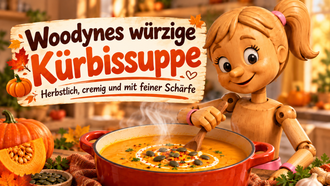 Woodyne, eine fröhlich lächelnde Holzpuppe mit blondem Pferdeschwanz, rührt in einem großen roten Topf mit dampfender, cremiger Kürbissuppe. Im Vordergrund liegen Kürbisstücke, Kürbiskerne und herbstliche Dekoration. Links steht auf einem Holzschild „Woodynes würzige Kürbissuppe – Herbstlich, cremig und mit feiner Schärfe“. Das Bild ist in warmen Orange- und Brauntönen gestaltet.  Quelle: Open AI