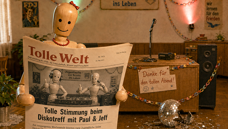Eine Holzpuppe liest in der Zeitung über eine Discoparty im Jugendtreff. Erstellt mit KI nach Idee von Rolf Barkhorn