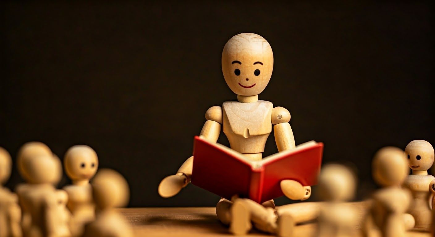 Eine hölzerne Gliederpuppe mit Gesicht liest anderen kleineren Holzpuppen aus einem roten Buch vor.
