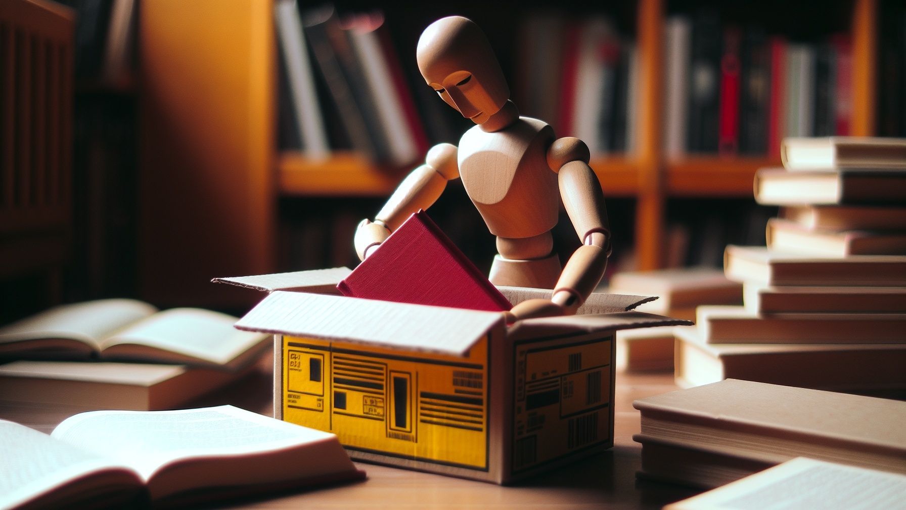 Holzpuppe packt Bücher in einen Versandkarton, erstellt mit KI nach Idee von Rolf Barkhorn