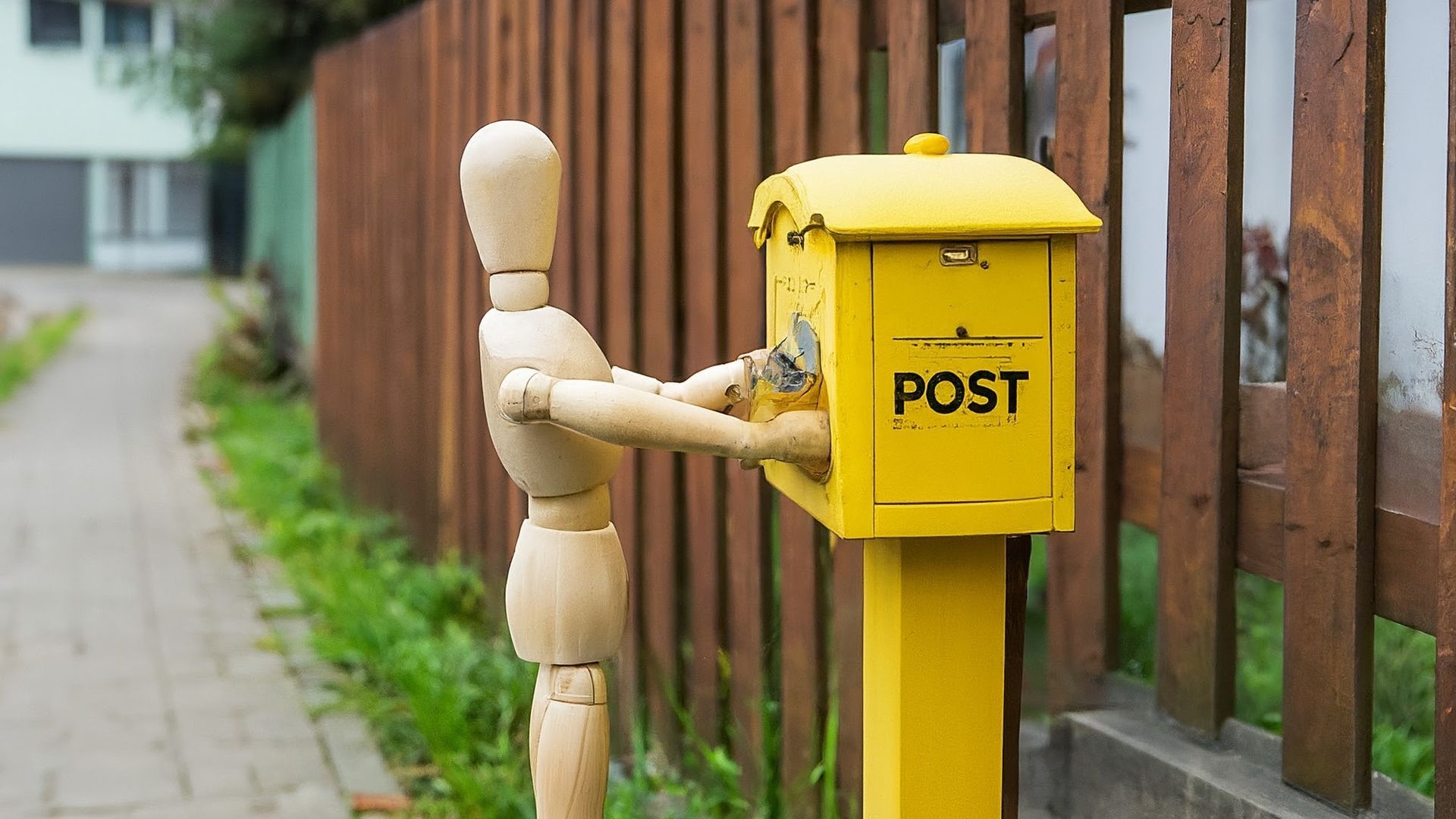 Holzpuppe geht zum Breifkasten und wirft Post ein.