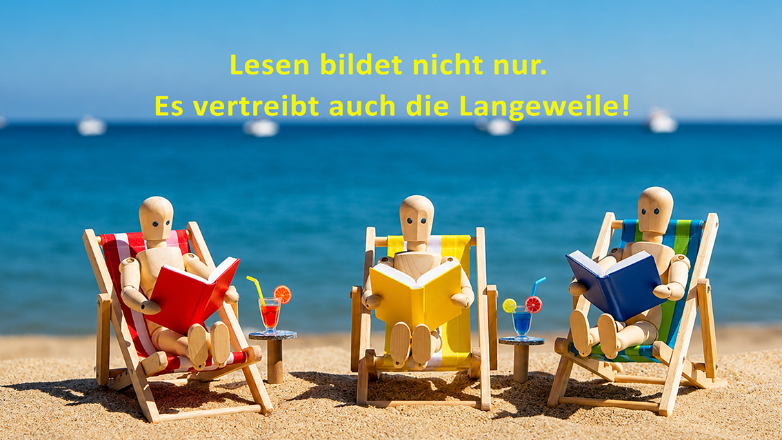 Drei Holzpuppen sitzen am Strand in Liegestühlen und lesen, erstellt mit KI nach Idee von Rolf Barkhorn