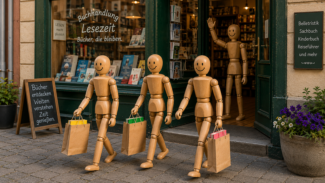 Drei Holzpuppen verlassen einen Buchladen mit Einkaufstüten, erstellt mit KI nach Idee von Rolf Barkhorn
