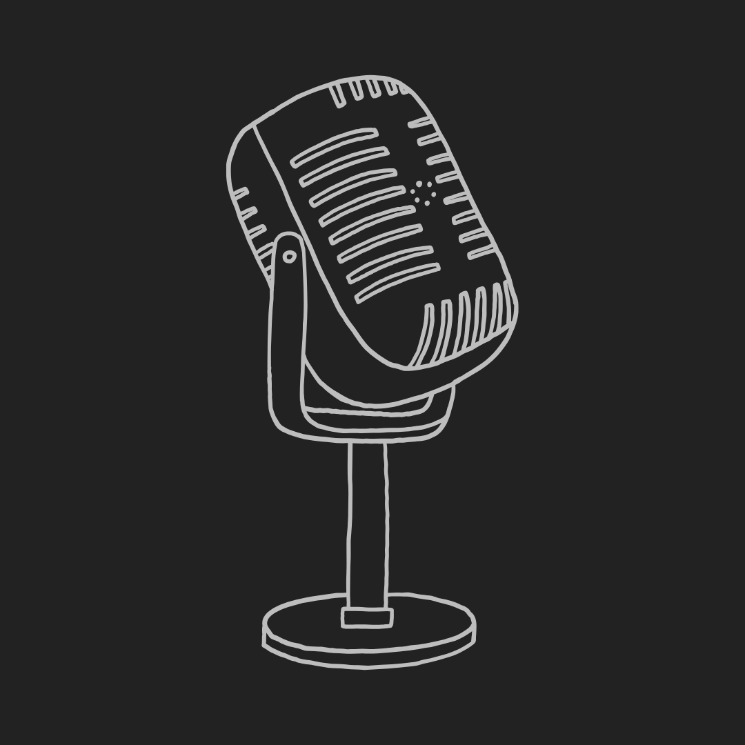 Weiße Umrisse eines Vintage-Mikrofons auf einem Ständer vor schwarzem Hintergrund.