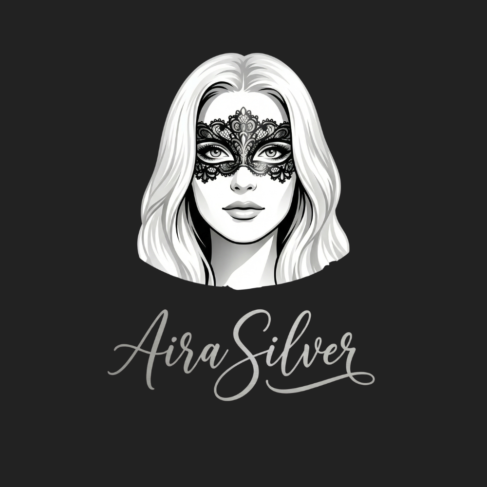 Frau mit blonden Haaren, die eine schwarze Spitzenmaske trägt, darunter das Firmenlogo „Aira Silver“ in Schreibschrift.