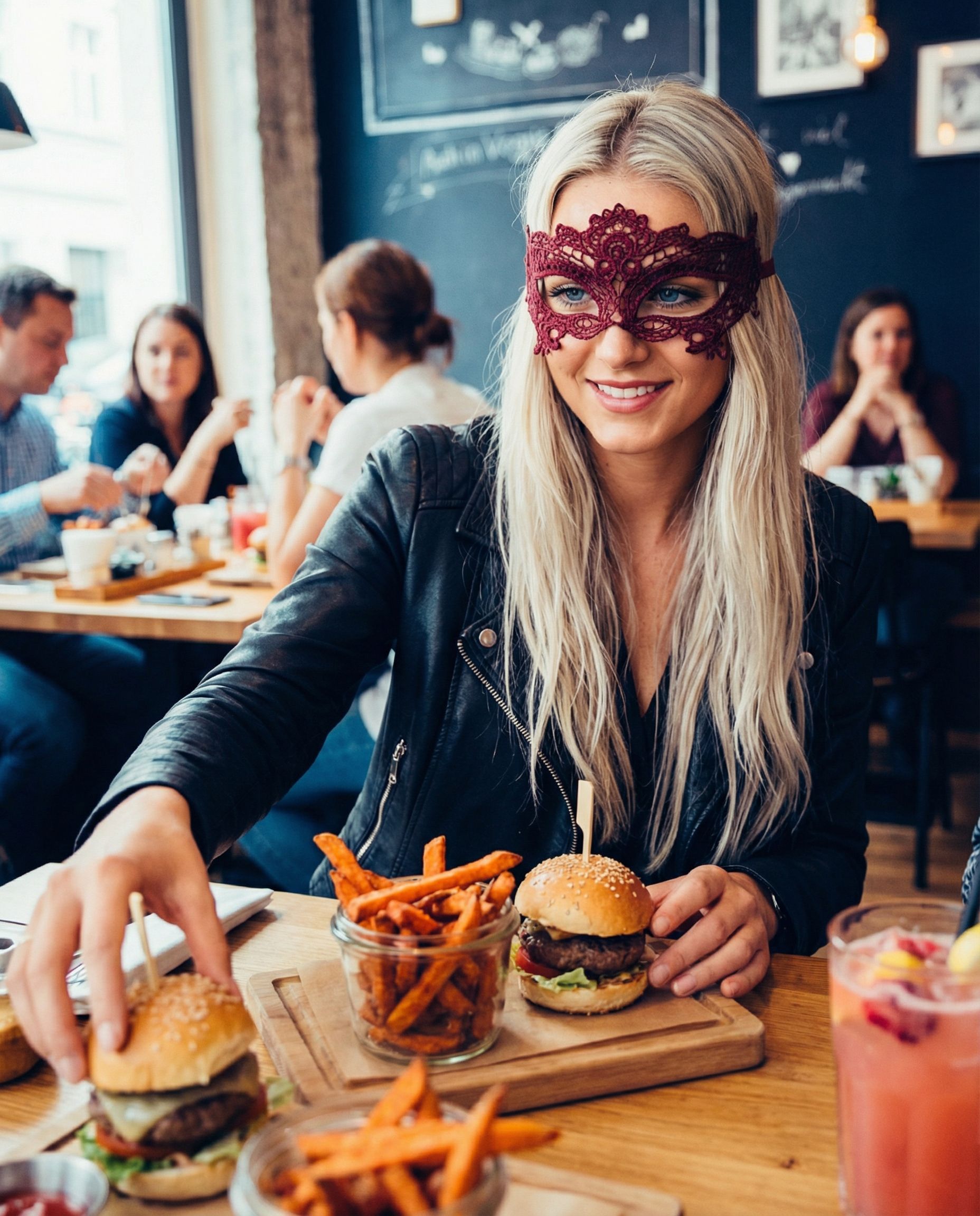 Eine Frau mit Maske lächelt und greift an einem Restauranttisch mit anderen Gästen nach einem Burger; Pommes frites und Getränke sind vorhanden.