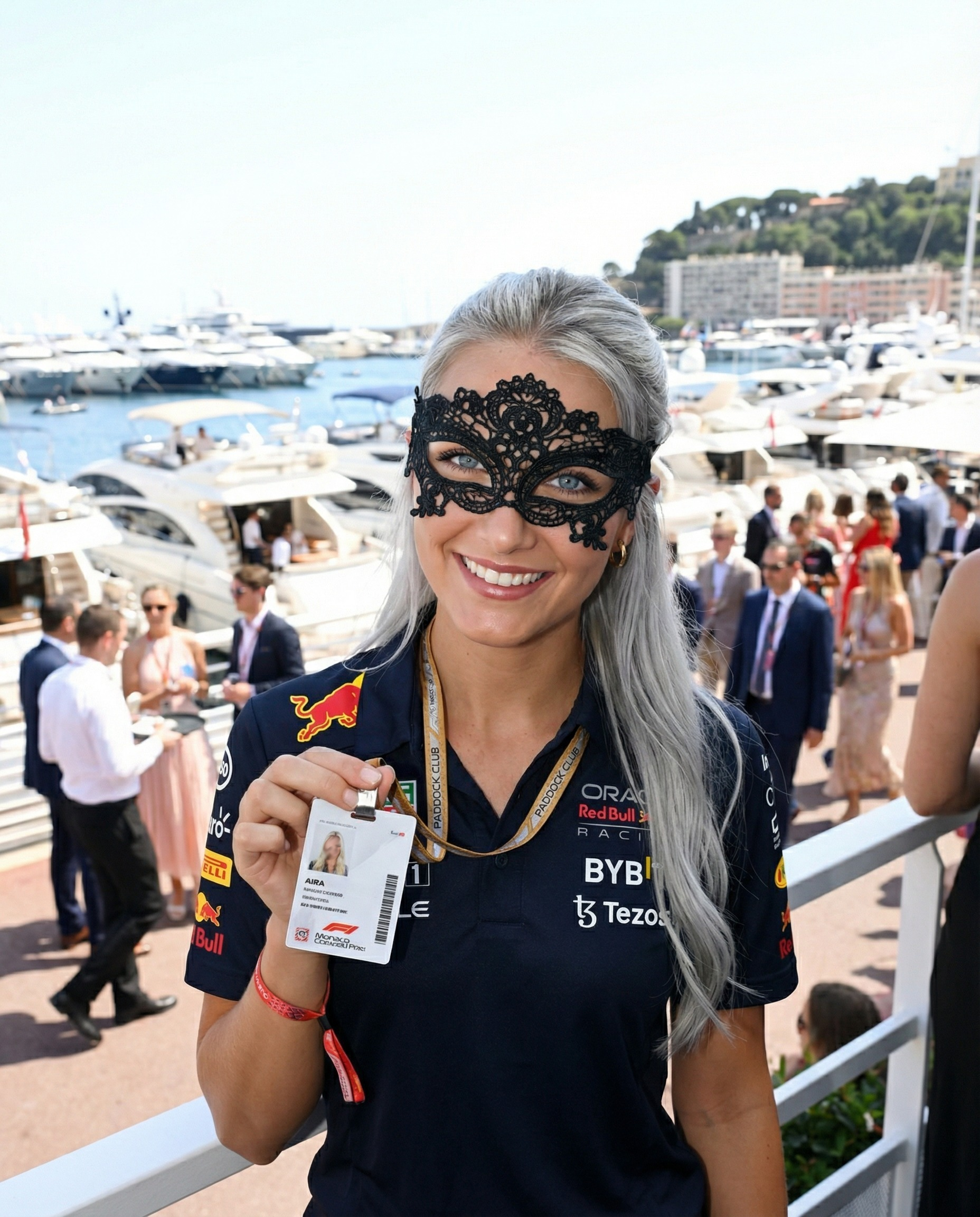 Frau im Red Bull-Shirt und mit Maske, die einen Veranstaltungsausweis hält, posiert in der Nähe von Booten in Monaco.
