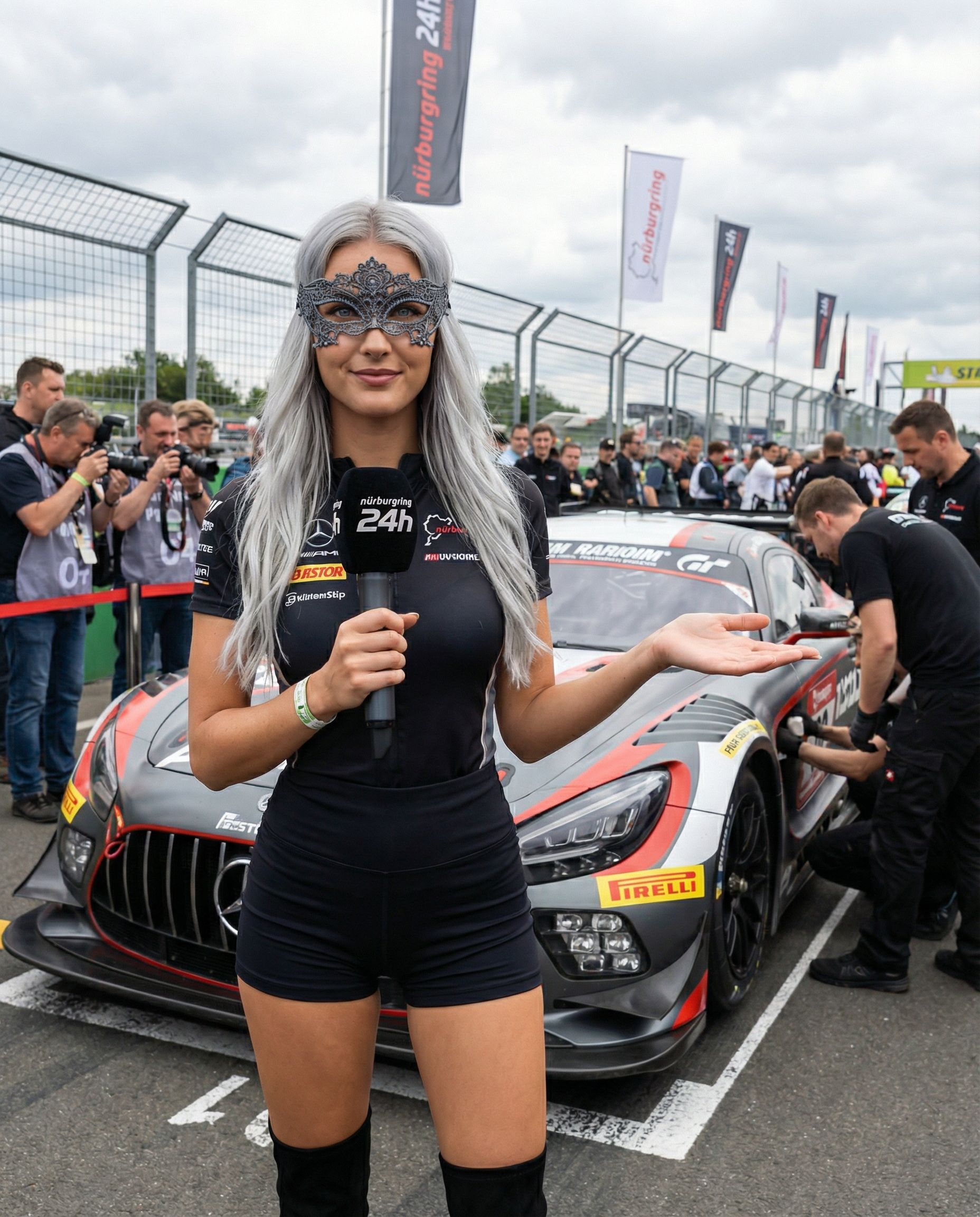 Frau mit silbernem Haar und Maske, die ein Mikrofon hält, neben einem Rennwagen.