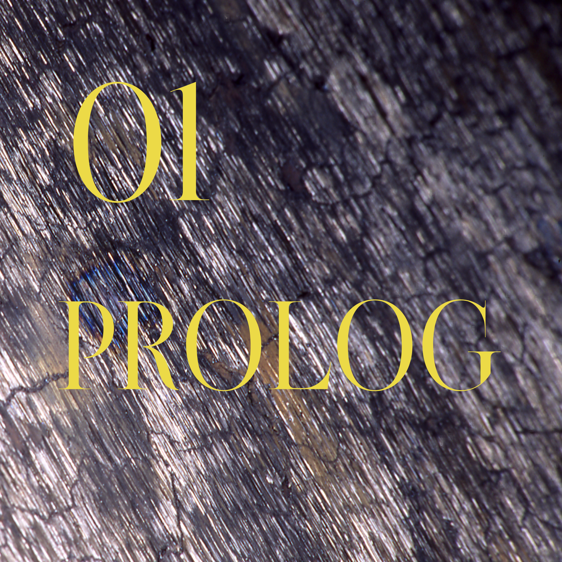 Glattgebürsteter Stahl in changierender Oberfläche, darauf der Titel des Hörkapitels in gelber Schrift