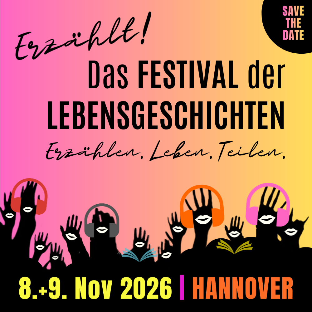 Plakat des Lebensgeschichten Festival 2025 in Wien, bunte Farben, Bücher und Hörbücher