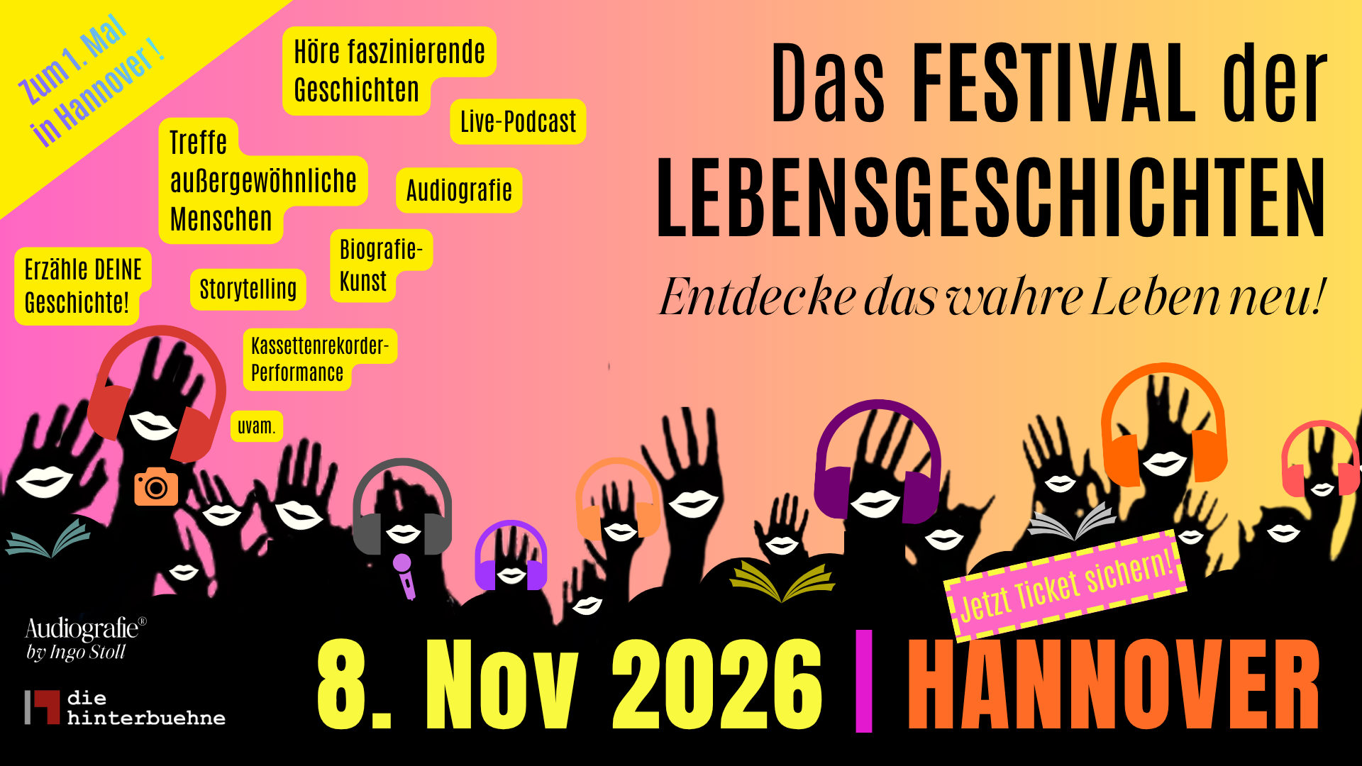 Plakat des Lebensgeschichten Festival 2025 in Wien, bunte Farben, Bücher und Hörbücher