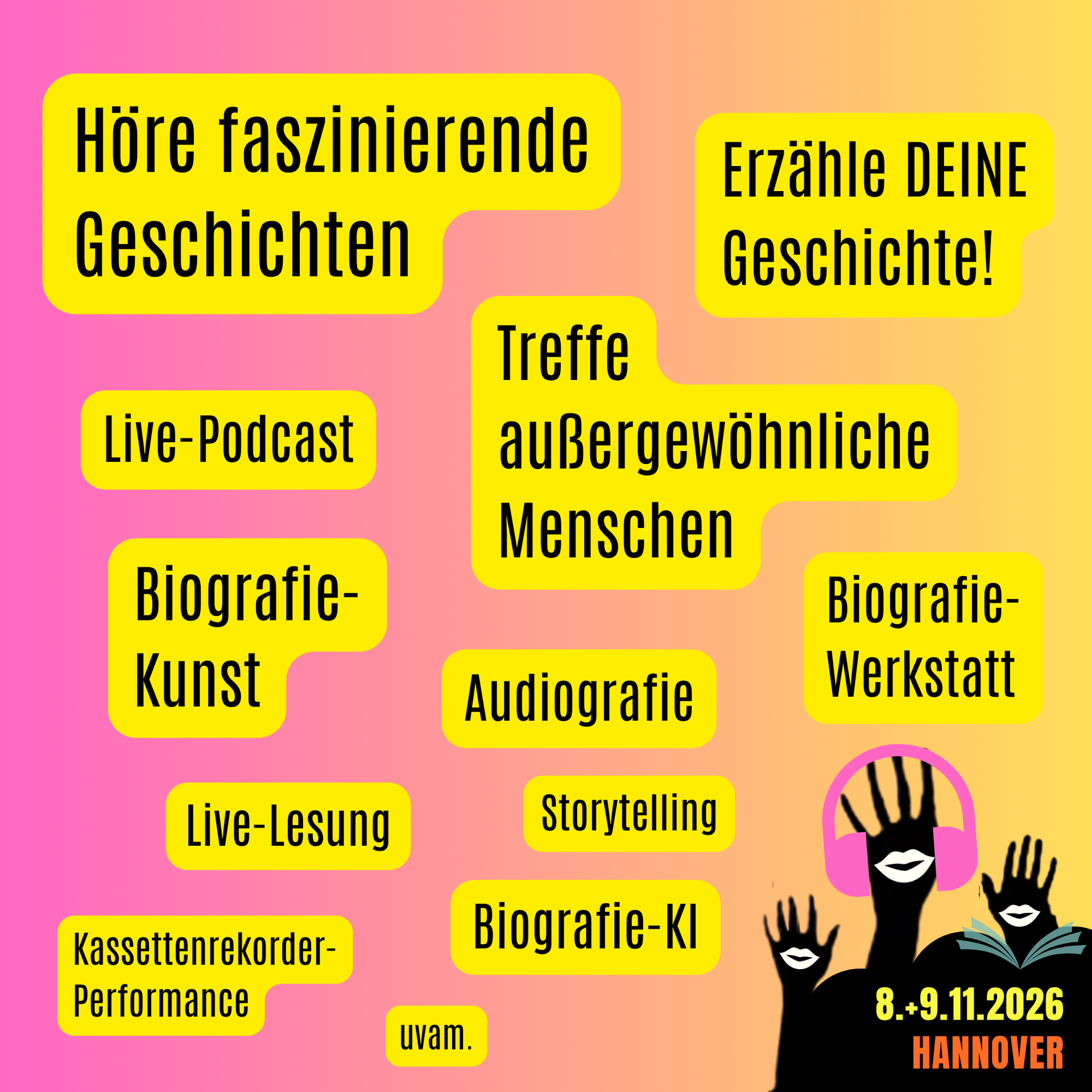 Plakat des Lebensgeschichten Festival 2025 in Wien, bunte Farben, Bücher und Hörbücher
