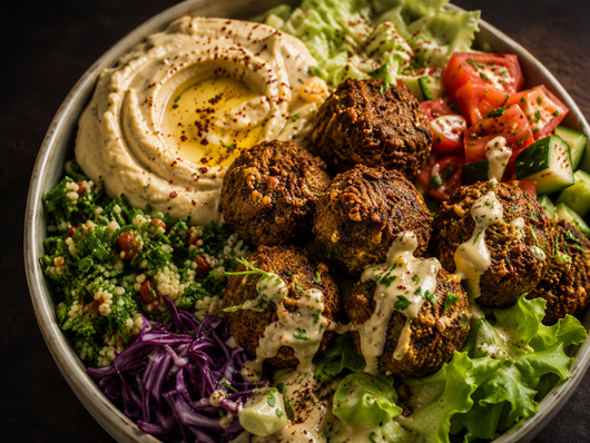 Vegane Falafel von AROMAFOODS auf Salat mit frischen Zutaten.