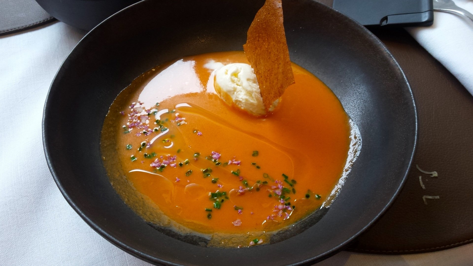 Roasted tomato soup with parmesan ice-cream!