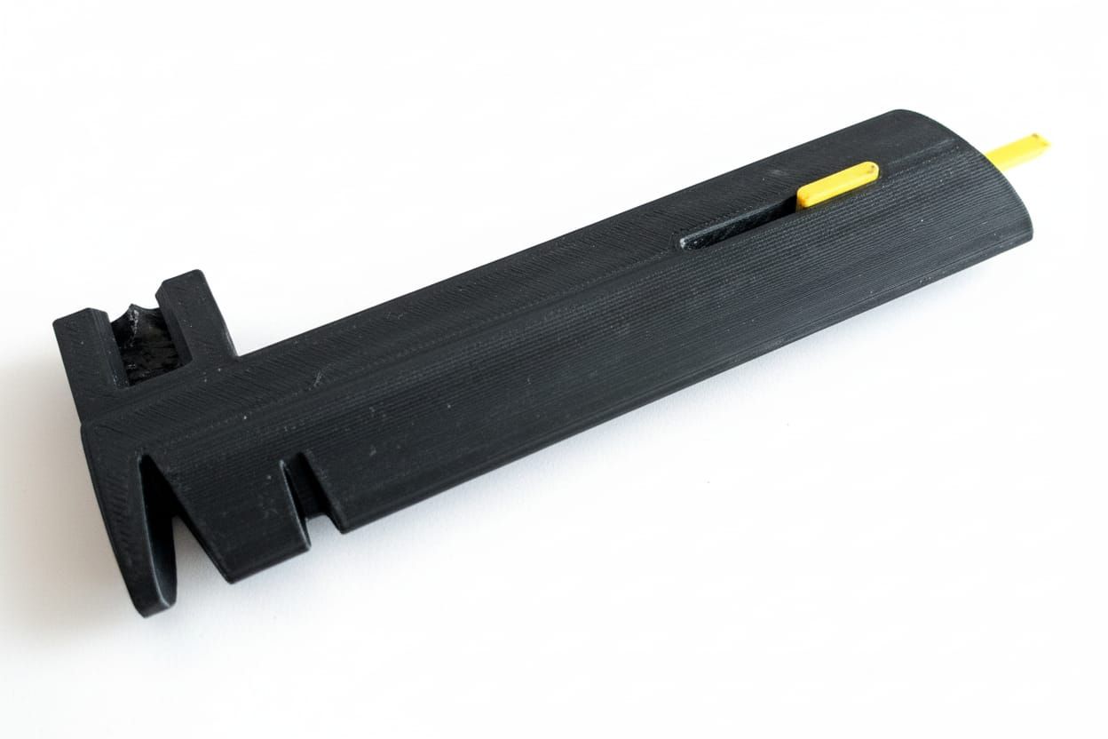 Schwarz-gelbes 3D-gedrucktes Werkzeug, wahrscheinlich für eine bestimmte Maschine oder ein bestimmtes Gerät, schräg auf einer weißen Oberfläche platziert.