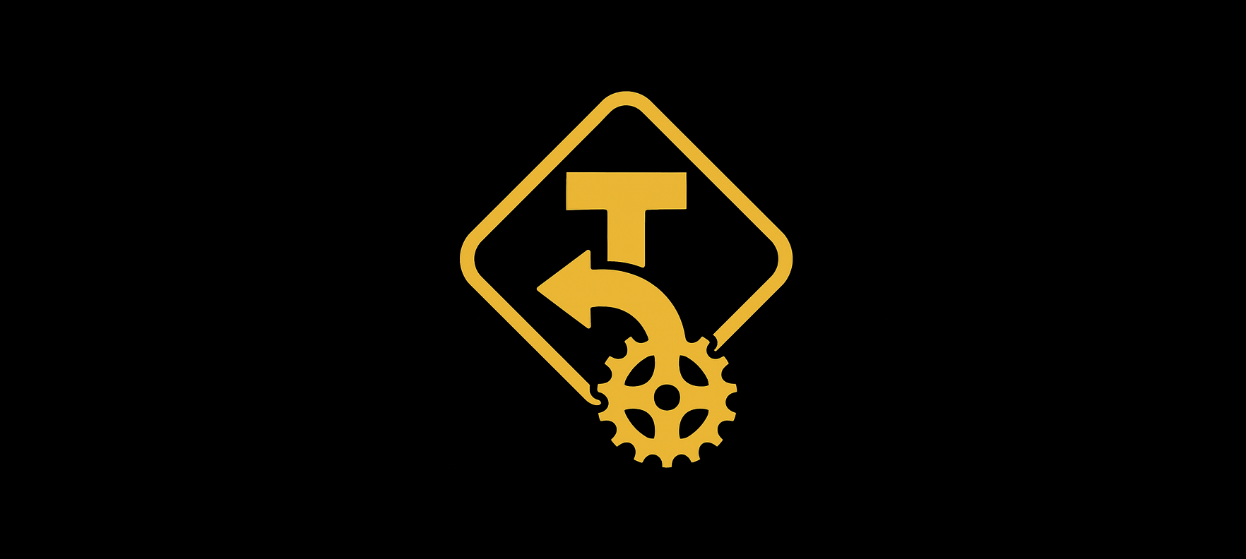 Gelbes Logo eines „T“ mit gebogenem Pfeil und Zahnrad auf schwarzem Hintergrund.