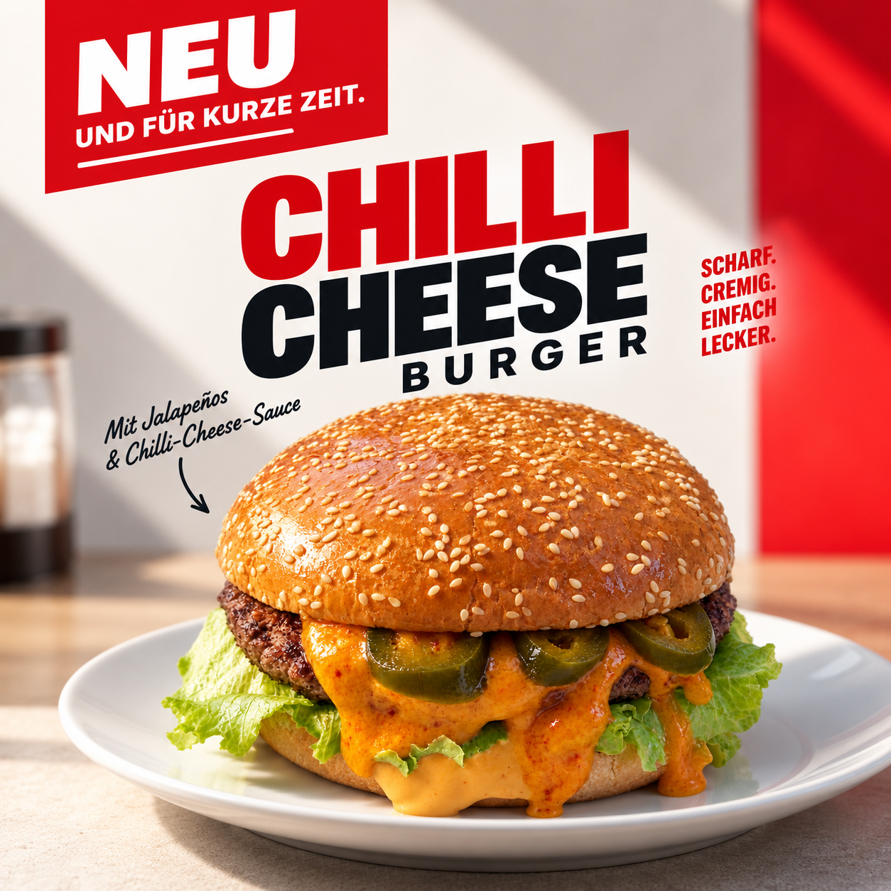Saftiger Chili-Cheese-Burger mit 180g Beef, Jalapeños und Käsesauce bei Paddy's Imbiss in Schwabach.
