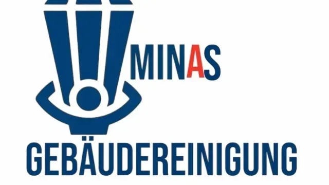 Logo der MINAS Gebäudereinigung: Eine Person mit erhobenen Armen hält ein Gebäude mit blau-weißen Streifen. Der Text darunter lautet „Gebäudereinigung“.