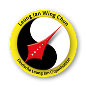 Das Logo von Leung Jan Wing Chun zeigt ein Yin-Yang-Symbol und einen stilisierten roten Pfeil.