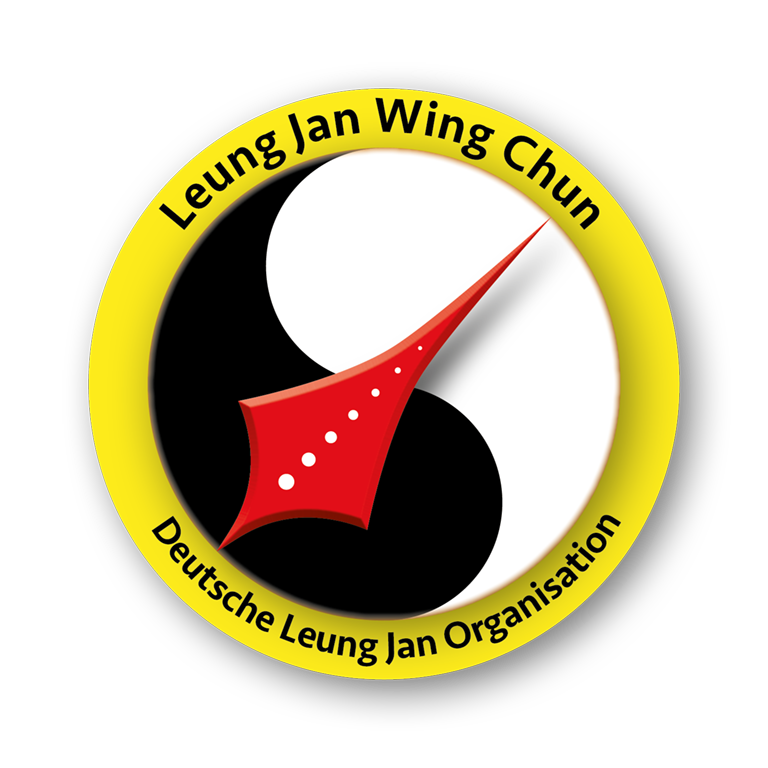 Das Logo von Leung Jan Wing Chun zeigt ein Yin-Yang-Symbol und einen stilisierten roten Pfeil.