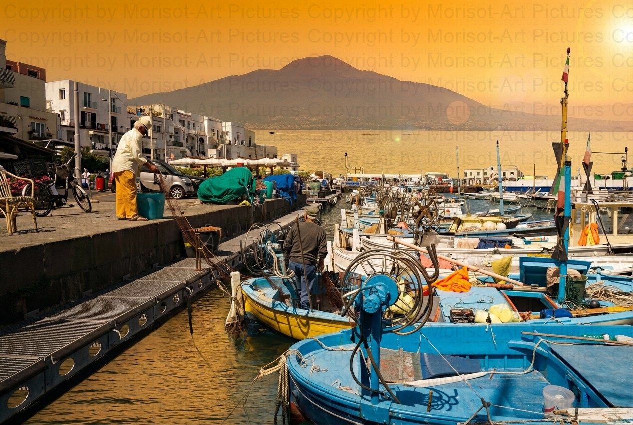 Boote liegen bei Sonnenuntergang in einem Hafen vor Anker, im Hintergrund erhebt sich ein Berg, und auf einem Pier steht eine Person.