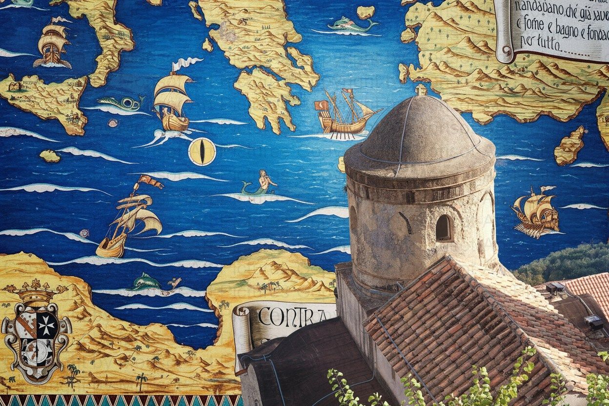 Ein Gebäude mit einer Kuppel vor einer blauen Karte mit Schiffen.