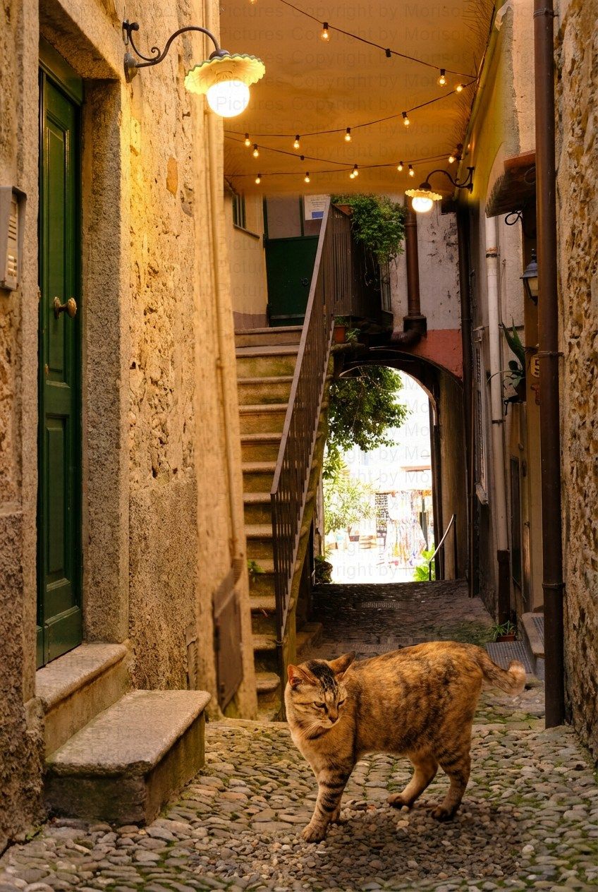 Eine Katze spaziert durch eine schmale, mit Kopfsteinpflaster belegte Gasse mit Lichtern und Treppen.