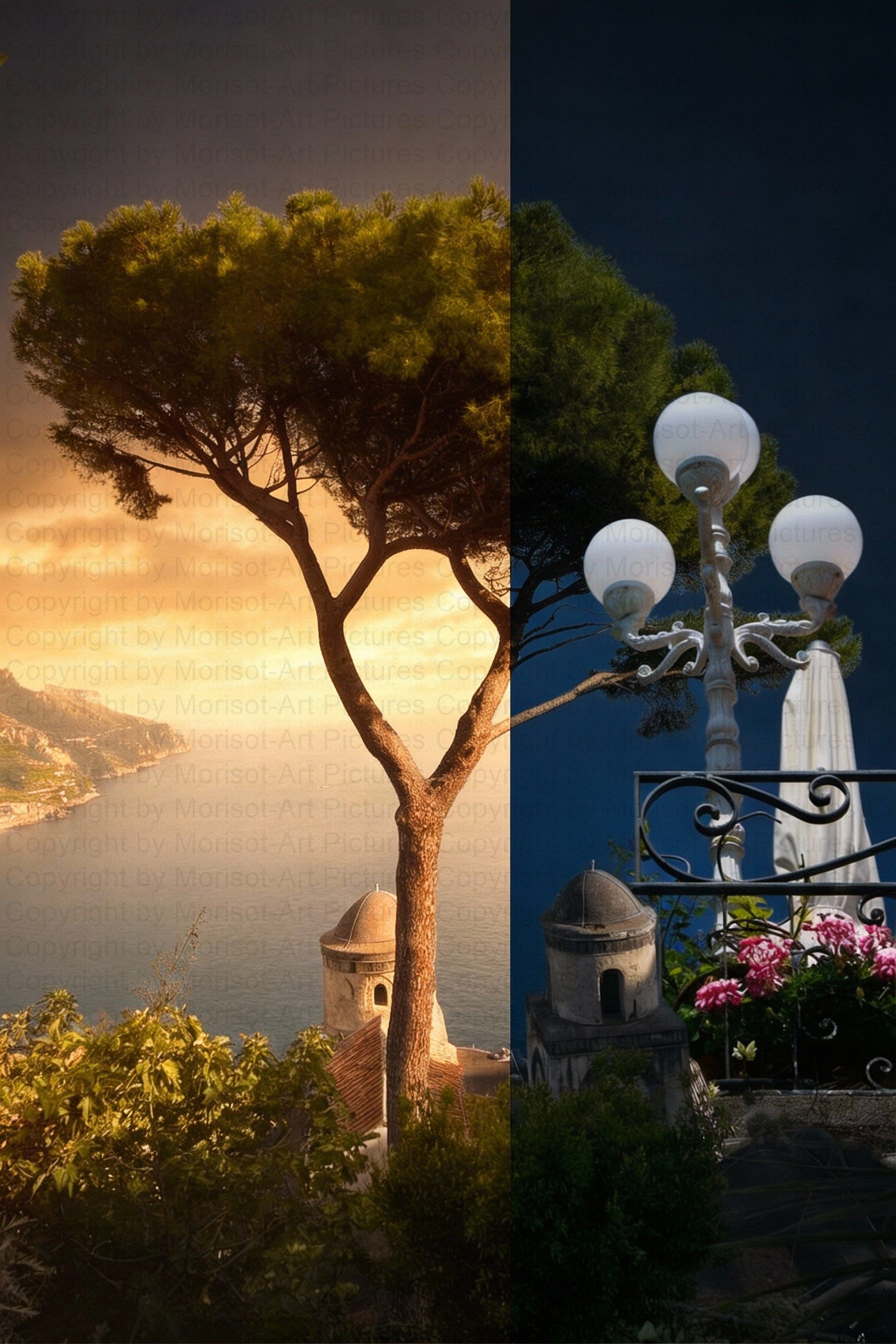 Geteiltes Bild: Küstenansicht bei Tag mit Baum und Ansicht bei Nacht mit Straßenlaternen.