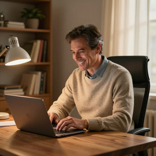 Eine Person in einem beigen Pullover tippt auf einem Laptop an einem Holzschreibtisch in einem schwach beleuchteten Büro mit einem Bücherregal und einer Lampe.