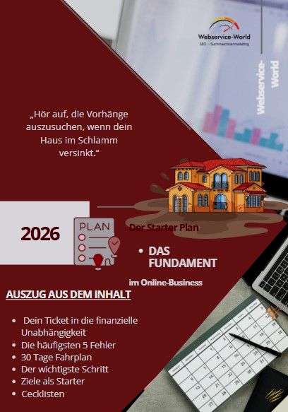 Flyer, der für ein Online-Business-Starterpaket wirbt. Enthält ein im Schlamm versinkendes Haus, Pläne und eine Checkliste.