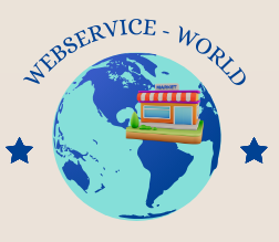 Ein Globus-Symbol mit einem kleinen Ladengebäude in der Mitte, flankiert von zwei Sternen, unter dem Text „WEBSERVICE - WORLD“.