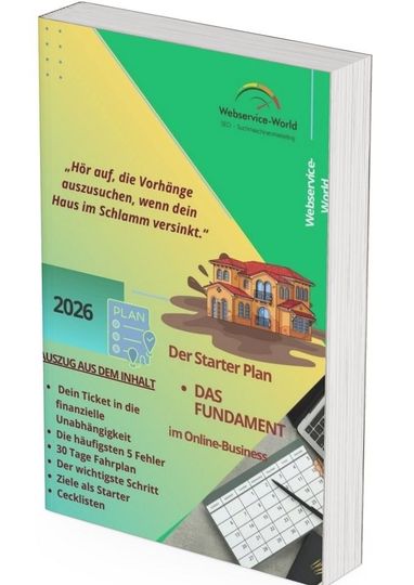 Ein Buchcover mit dem Titel „Der Starterplan“ für ein Online-Business, das ein Haus aus Lehm und eine Stichpunktliste von Themen zeigt.