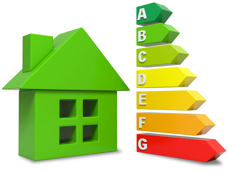 Green Animated House Next To Bars Labeled A Through G With G Being the Longest