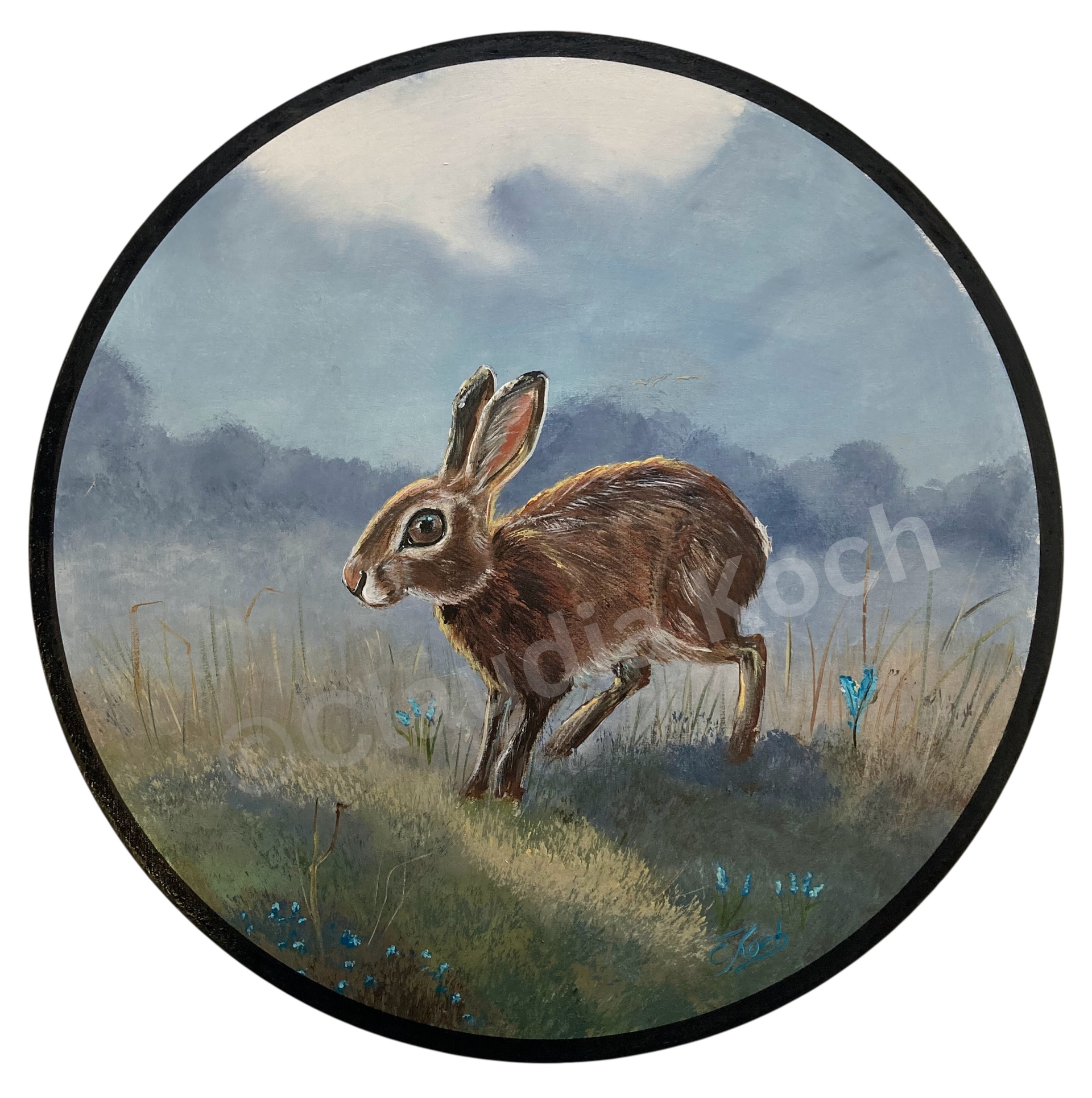 gemalte Schützenscheibe mit einem jungen Feldhasen im Morgennebel