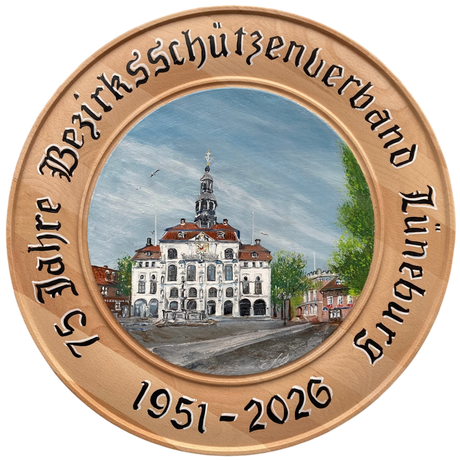 75 Jahre Bezirksschützenverband Lüneburg Ehrenscheibe handgemalt Lüneburger Rathaus