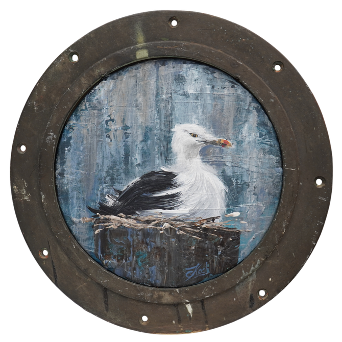 Handgemaltes Original im antiken Bullauge als Rahmen, Claudia Koch, Dornum